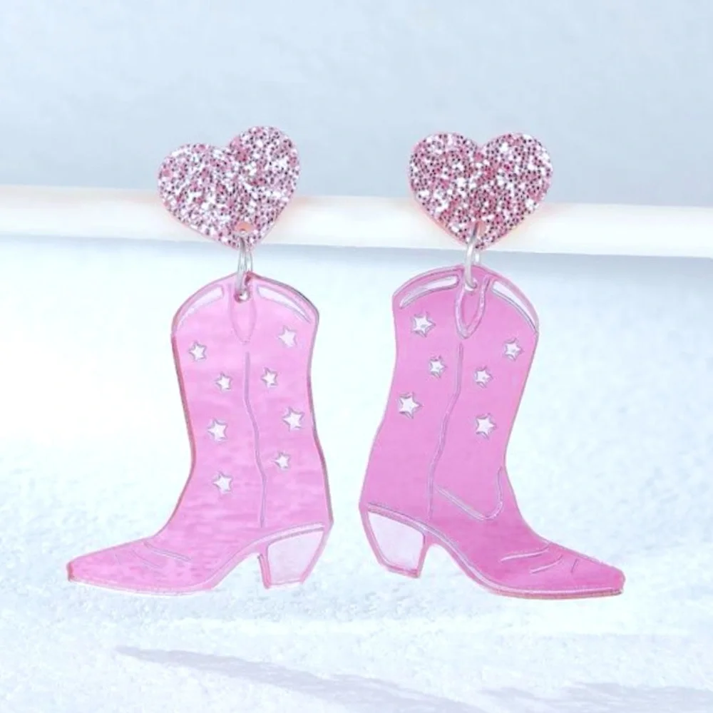 Pink Cowgirl Boot Earring Pink Glitter Heart Stud Western Girly Fashion Jewelry